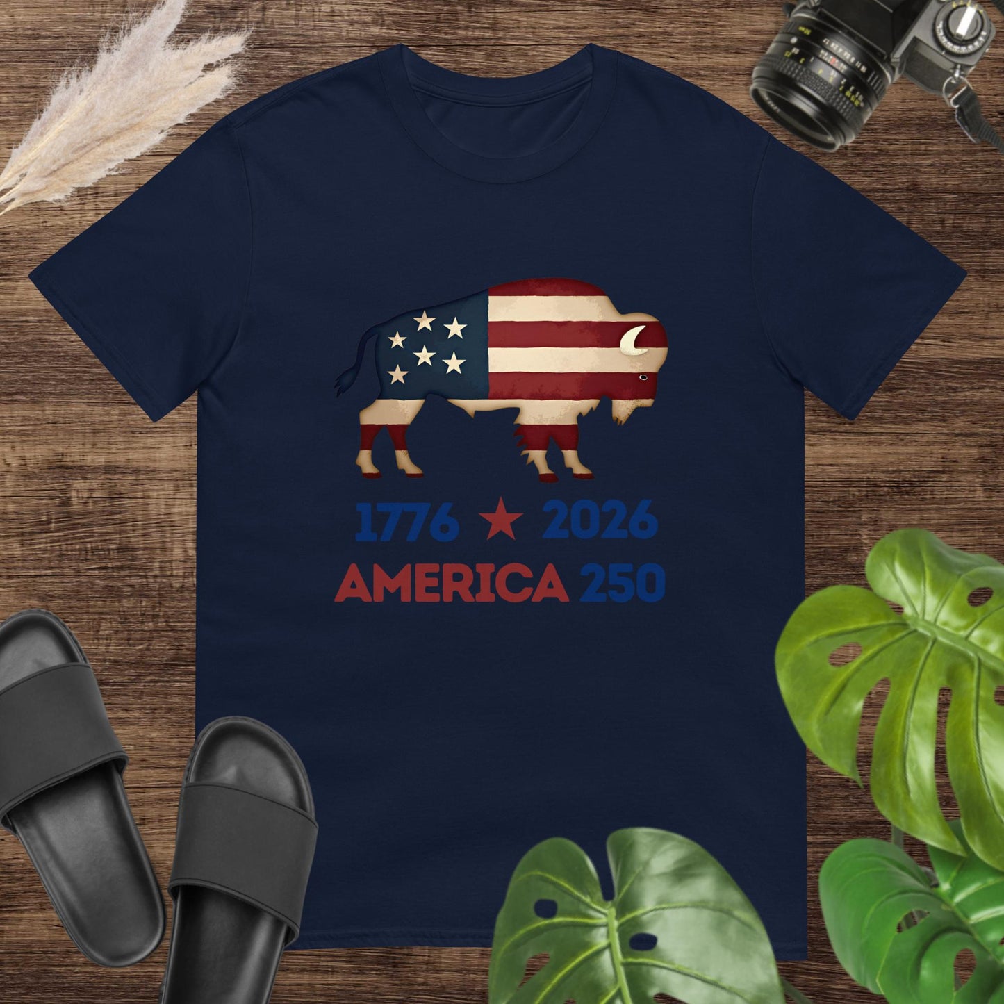 Patriotic bison on navy T-shirt with American flag colors for America 250 celebration