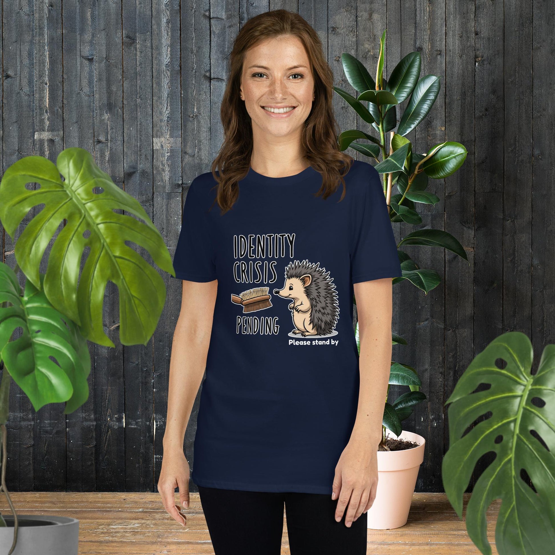 Funny hedgehog graphic tee with 'Identity Crisis Pending' text, cute animal design for pet lovers