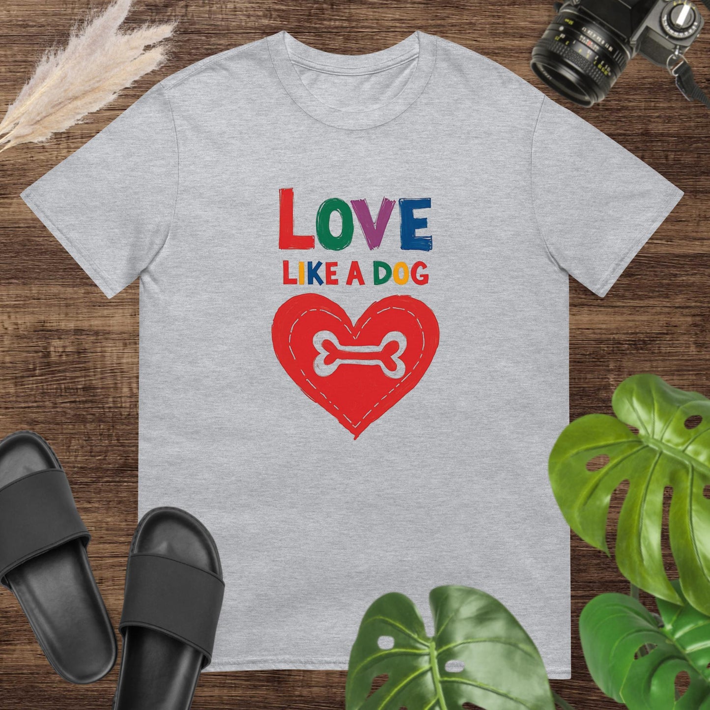 Grey t-shirt featuring a colorful heart and bone graphic with the text "Love like a dog"