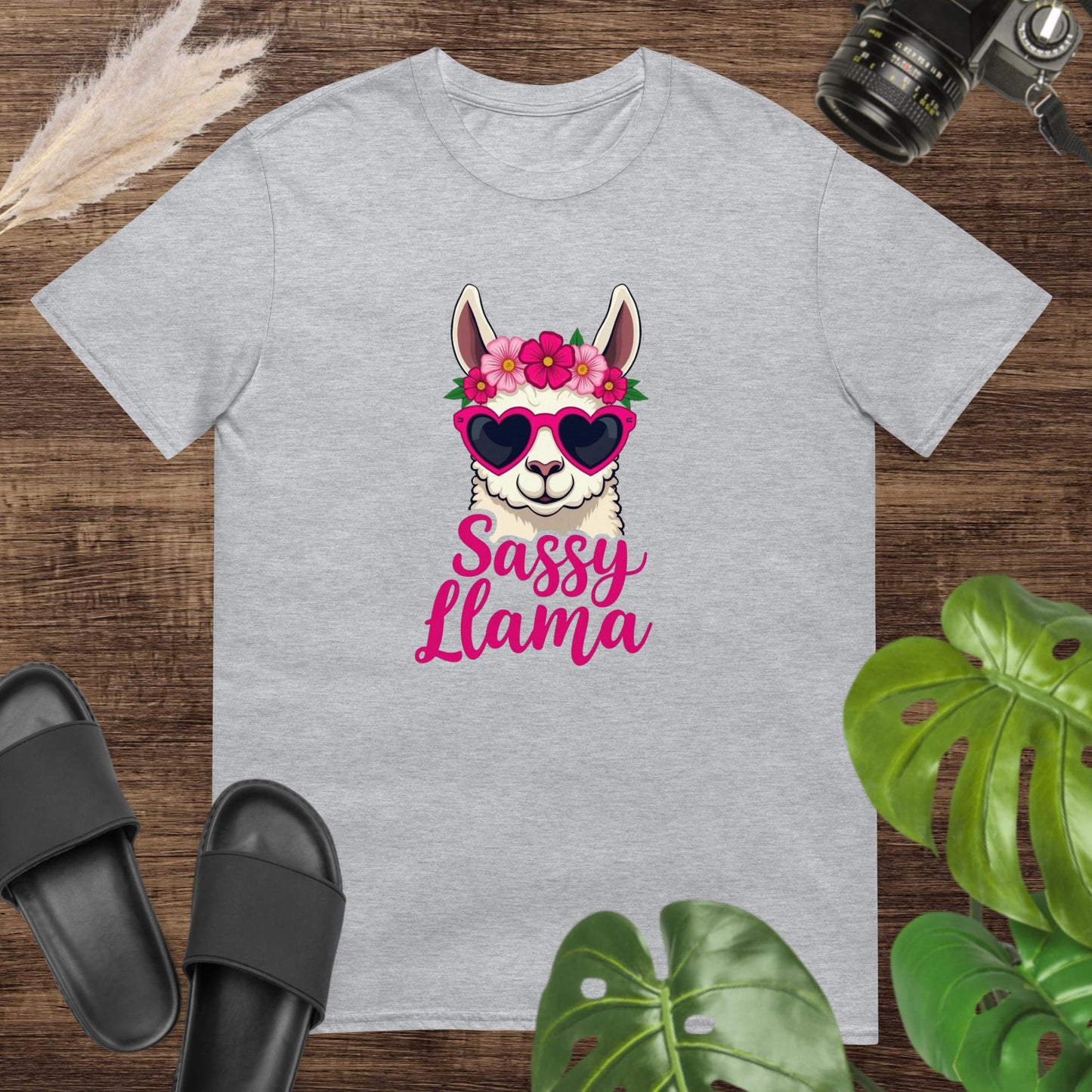 Grey t-shirt featuring a llama with heart sunglasses and a flower crown with the words “Sassy Llama.”