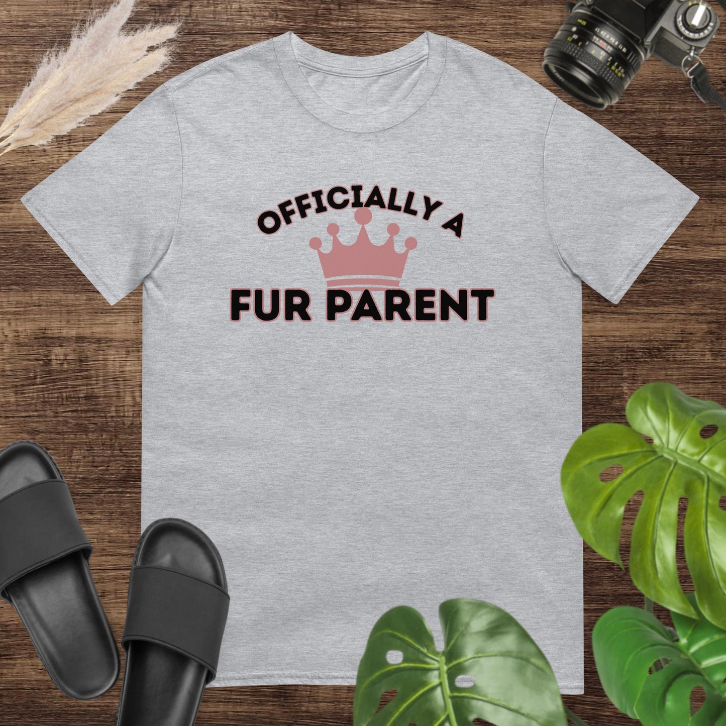Grey t-shirt featuring a crown surrounded by the text Officially a Fur Parent