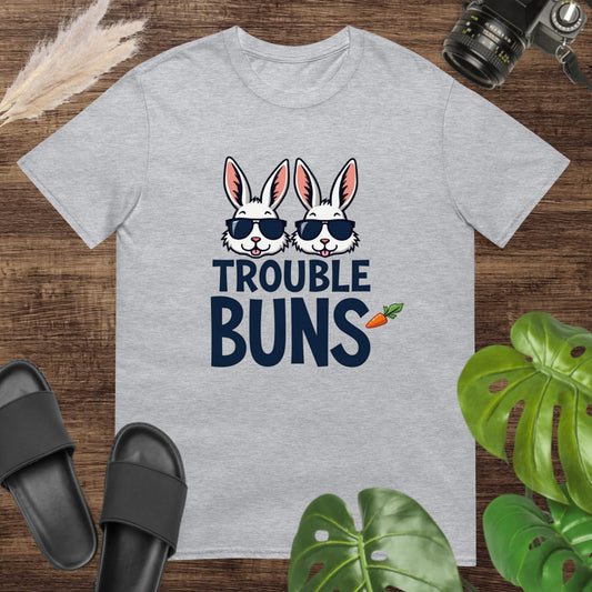 Funny grey t-shirt featuring two bunny heads with glasses and the text trouble buns
