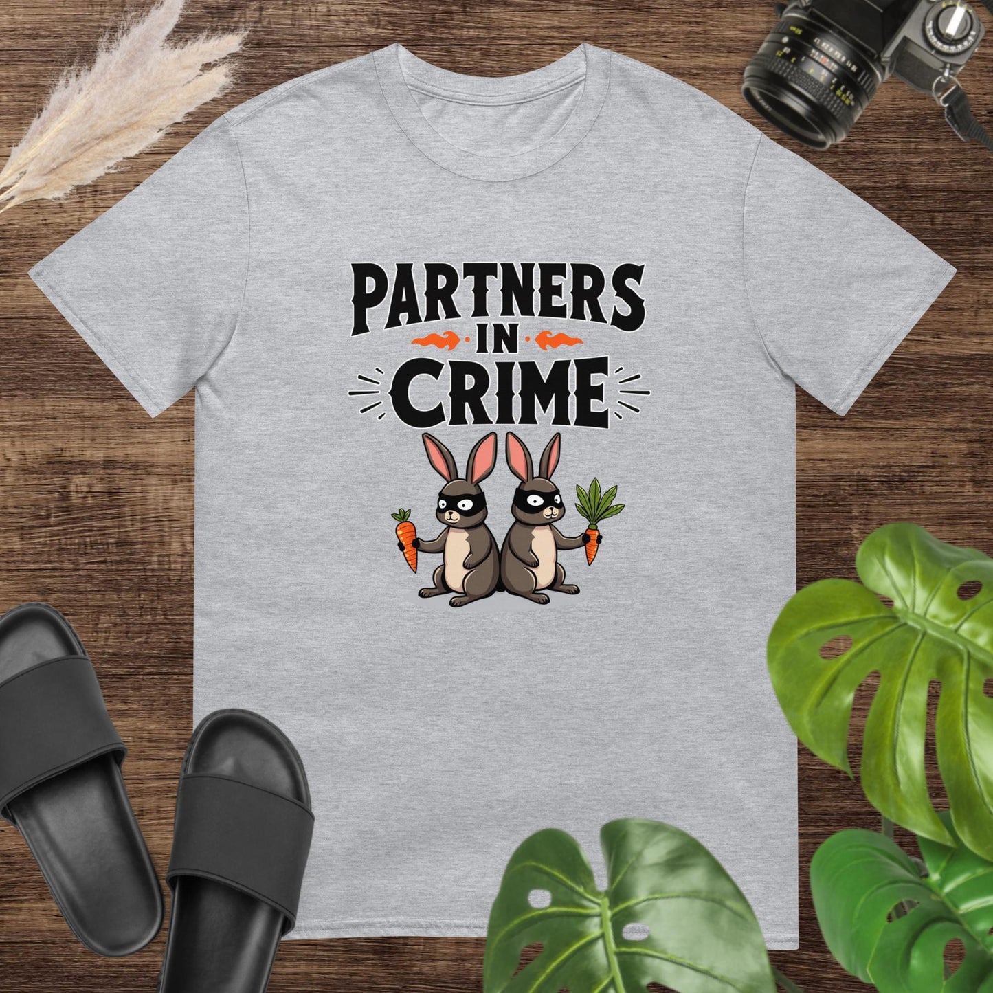 Funny partners in crime grey t-shirt design with 2 masked rabbits holding carrots