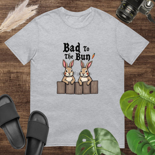 Funny bad to the bun grey t-shirt design with 2 rabbits on top of a fence