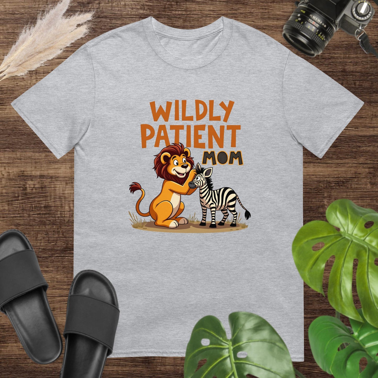 Cute unexpected duo "Wildly patient mom" grey t-shirt design with a lion and a zebra