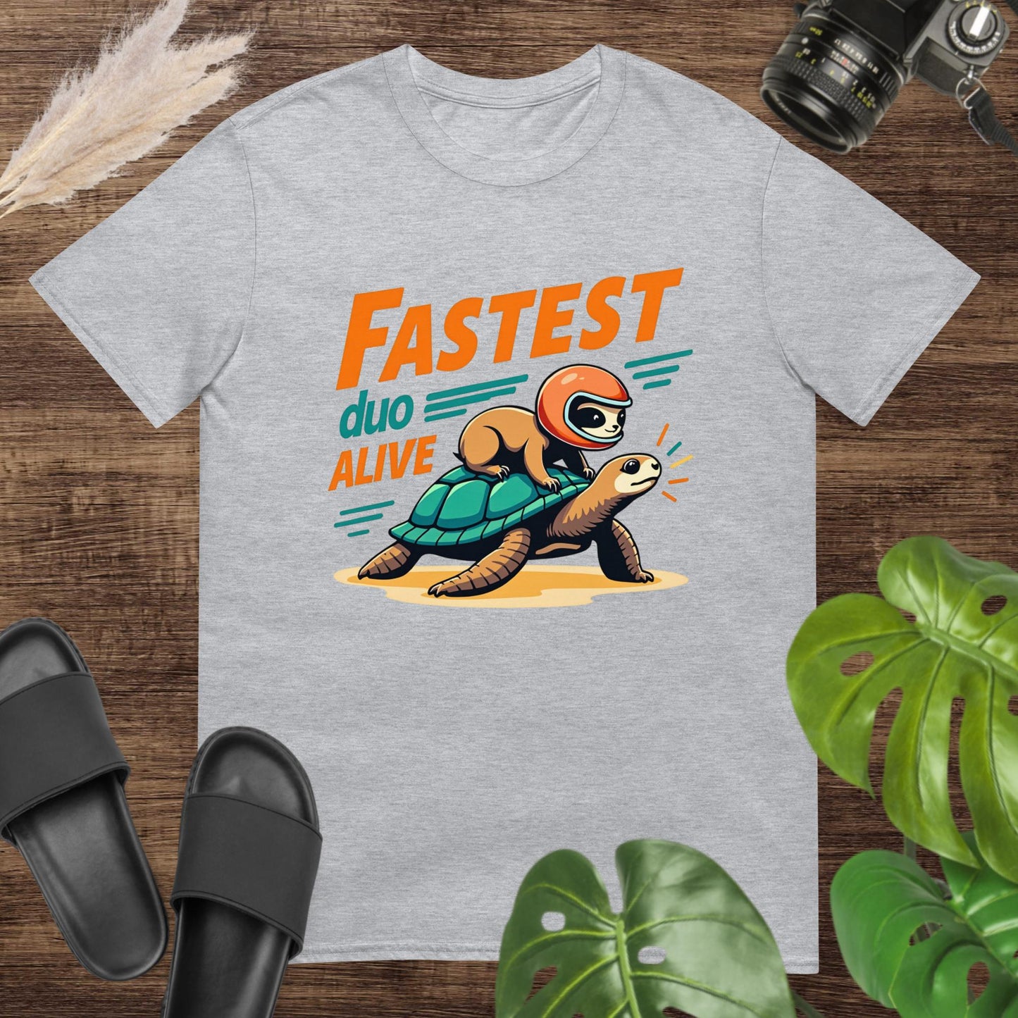Funny fastest duo alive grey t-shirt design with a sloth on a turtle