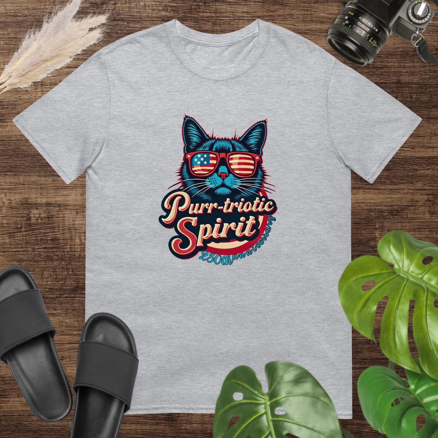 Retro cat grey T-shirt with American flag sunglasses for USA 250 celebration