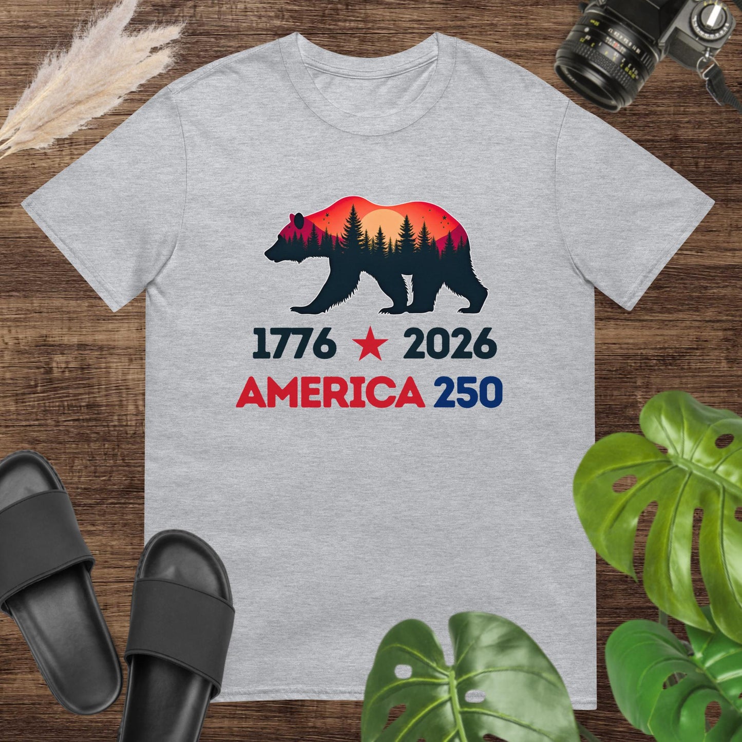 Bear silhouette grey T-shirt with forest sunset design for USA 250 celebration