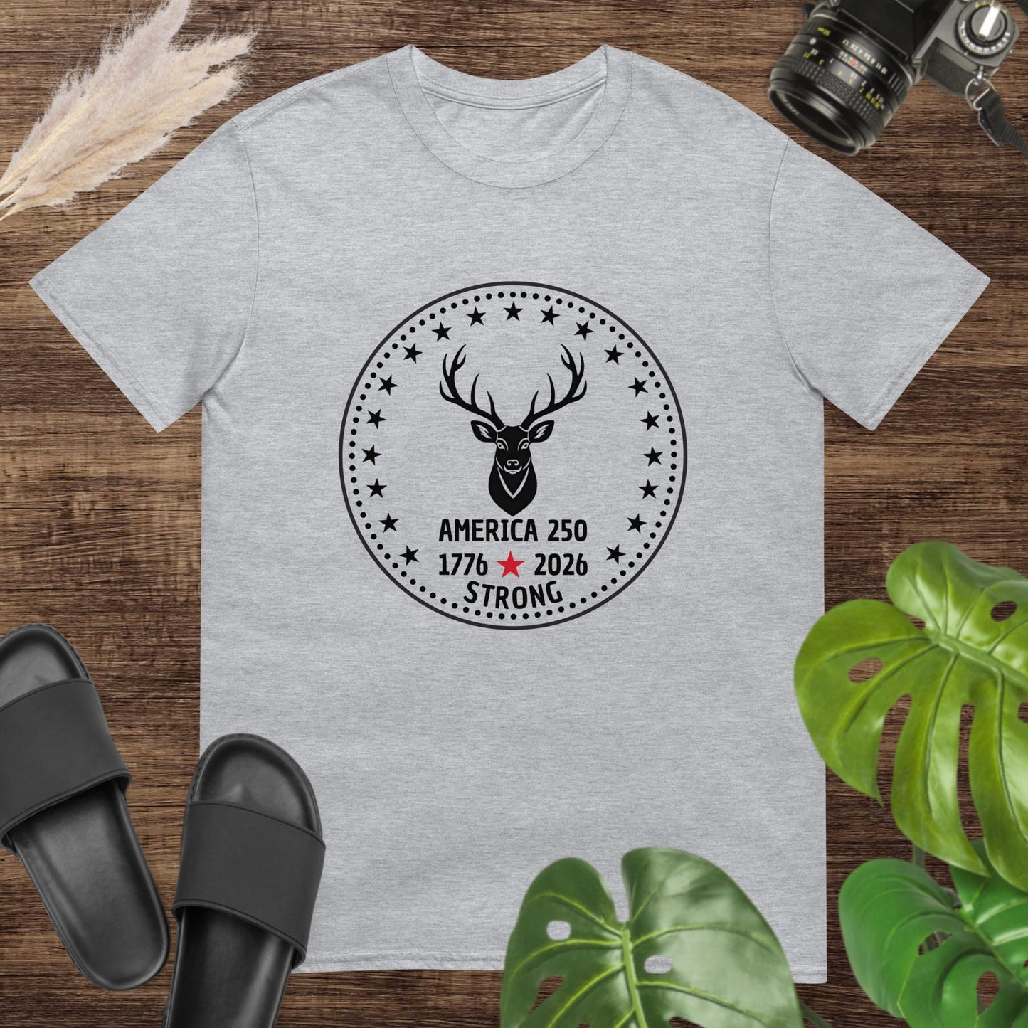 Patriotic deer grey T-shirt with star border for America 250 celebration