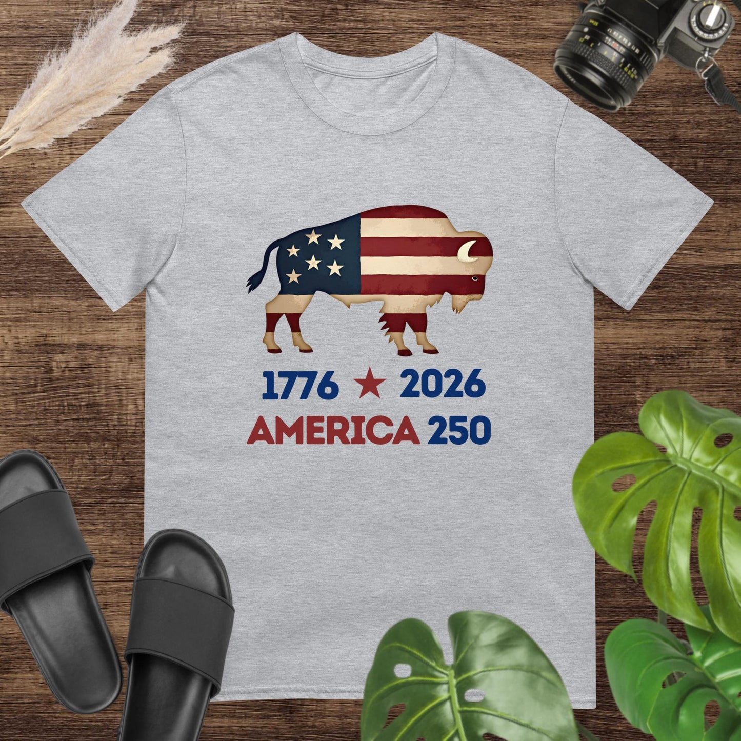 Patriotic bison on grey T-shirt with American flag colors for America 250 celebration