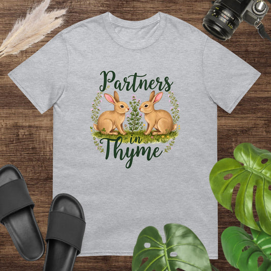 Cute partners in thyme grey t-shirt design with 2 rabbits facing a sprig of thyme