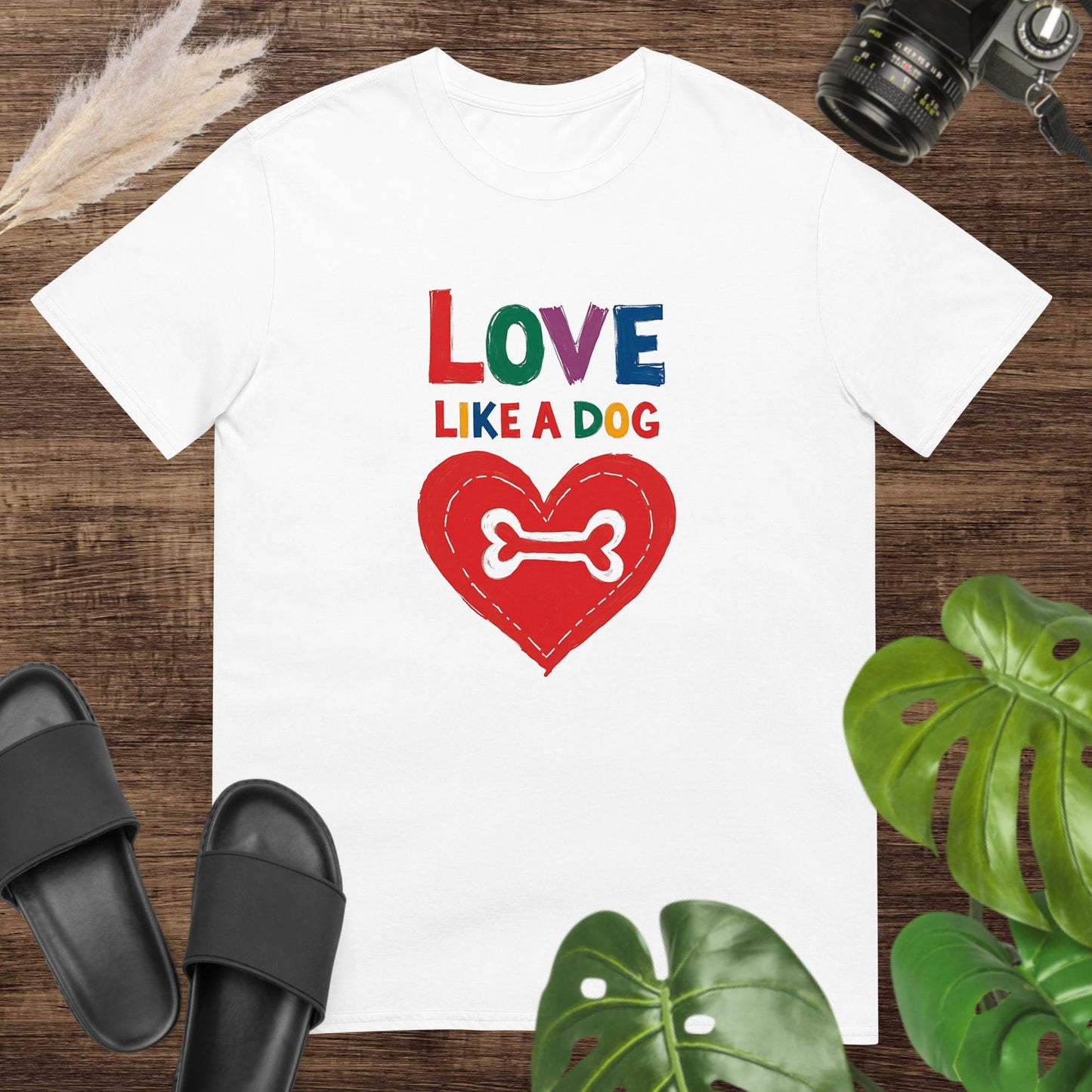 White t-shirt featuring a colorful heart and bone graphic with the text "Love like a dog"