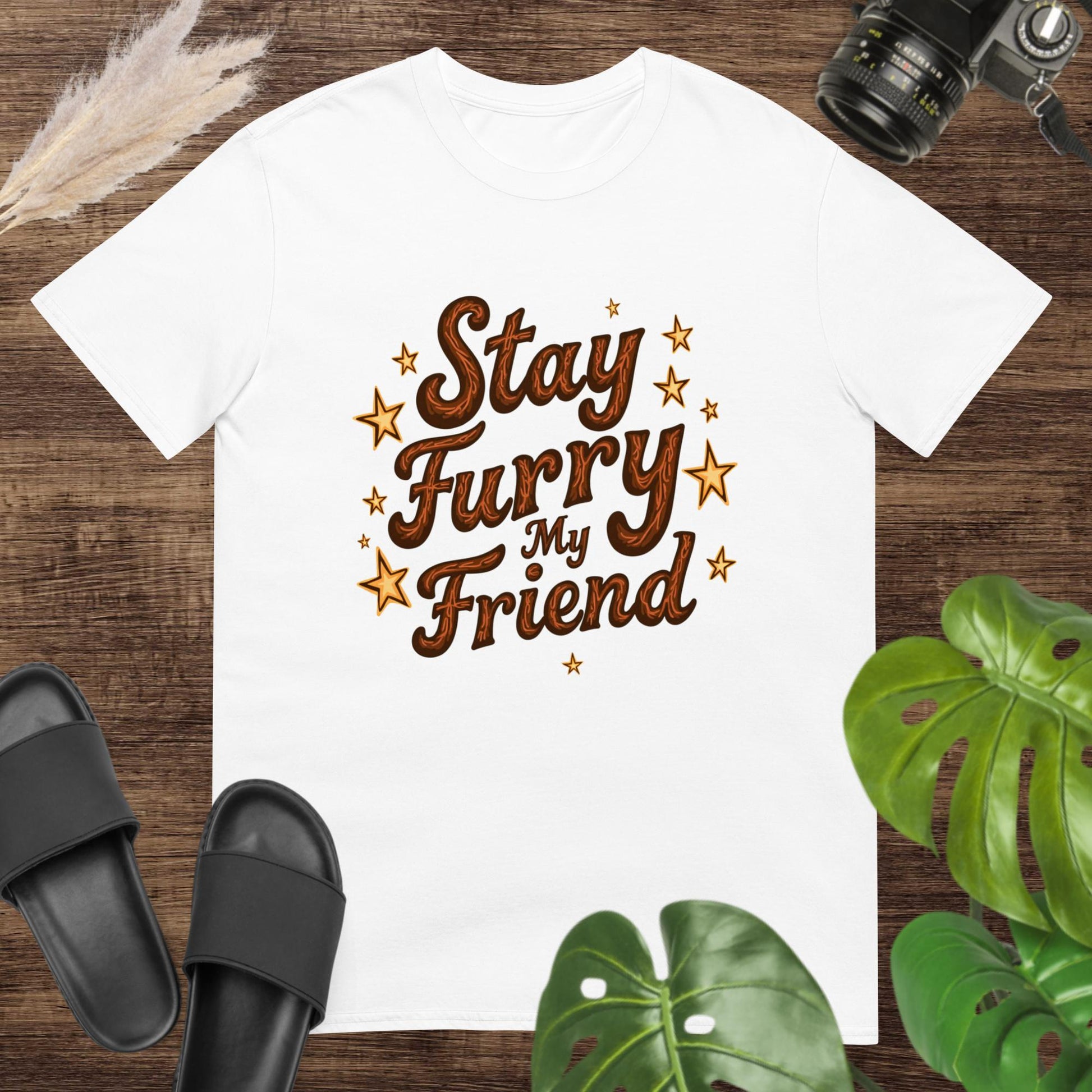 Unisex t-shirt featuring vintage script and stars with a furry friend message.