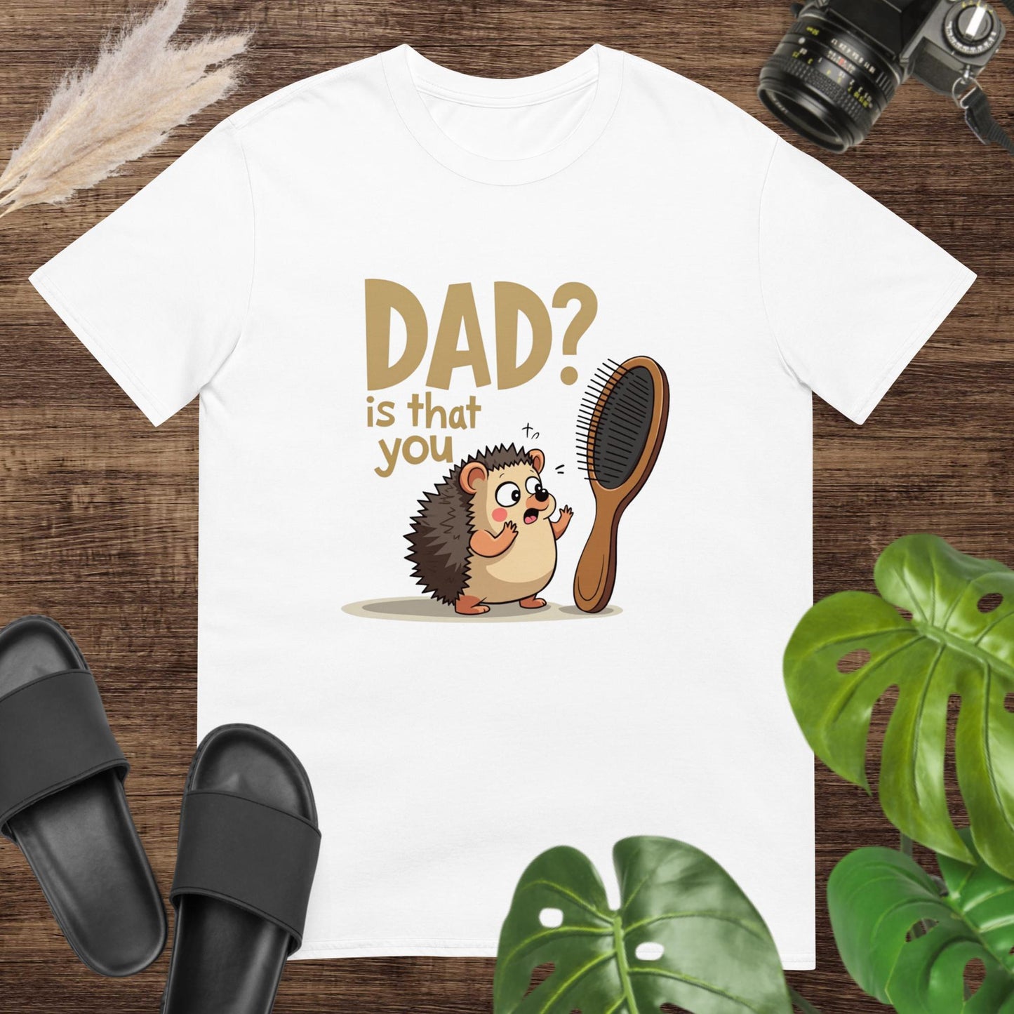 Cute white t-shirt featuring a cartoon hedgehog beside a hairbrush and text "Dad? is that you"
