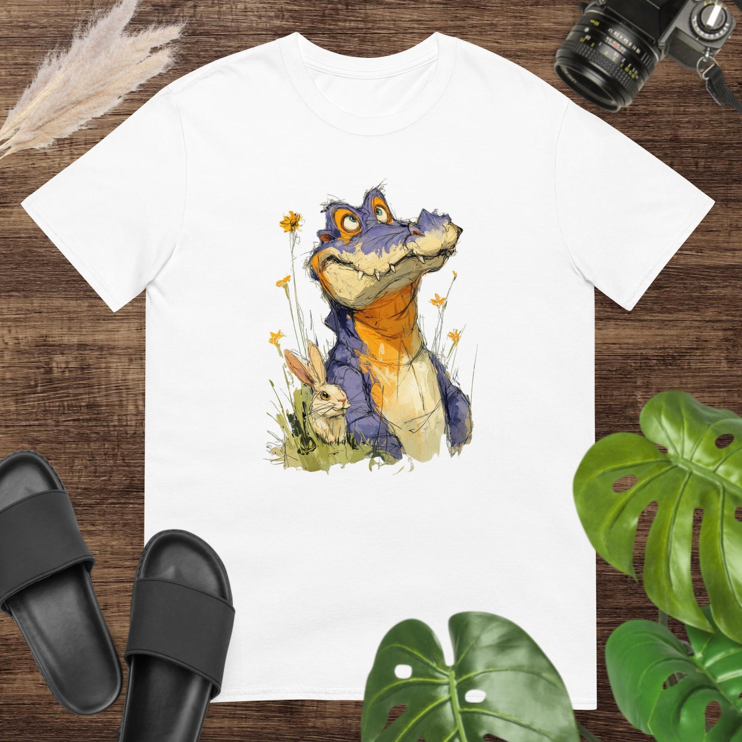 Unisex t-shirt featuring a hand-drawn crocodile and rabbit in a whimsical animal illustration.