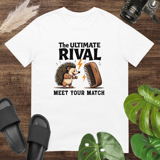 Quirky hedgehog shirt with a hairbrush rivalry joke.