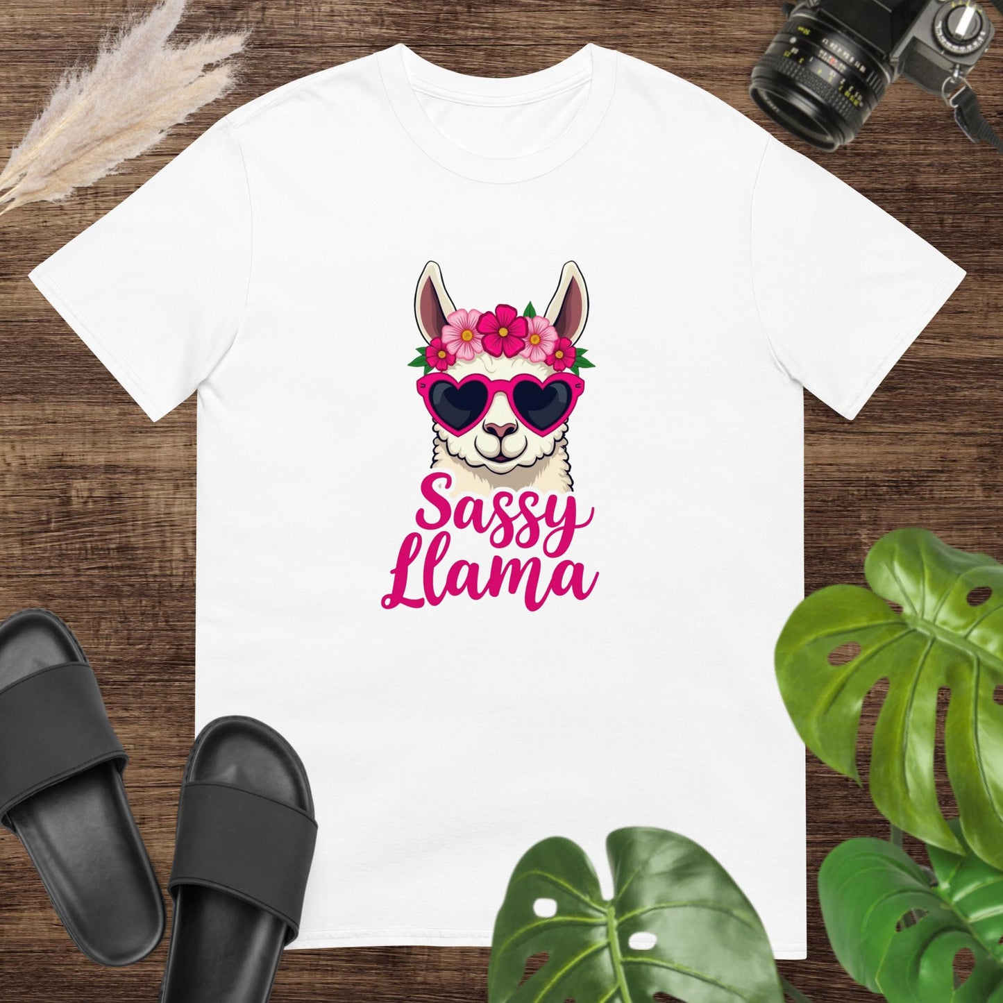 White t-shirt featuring a llama with heart sunglasses and a flower crown with the words “Sassy Llama.”