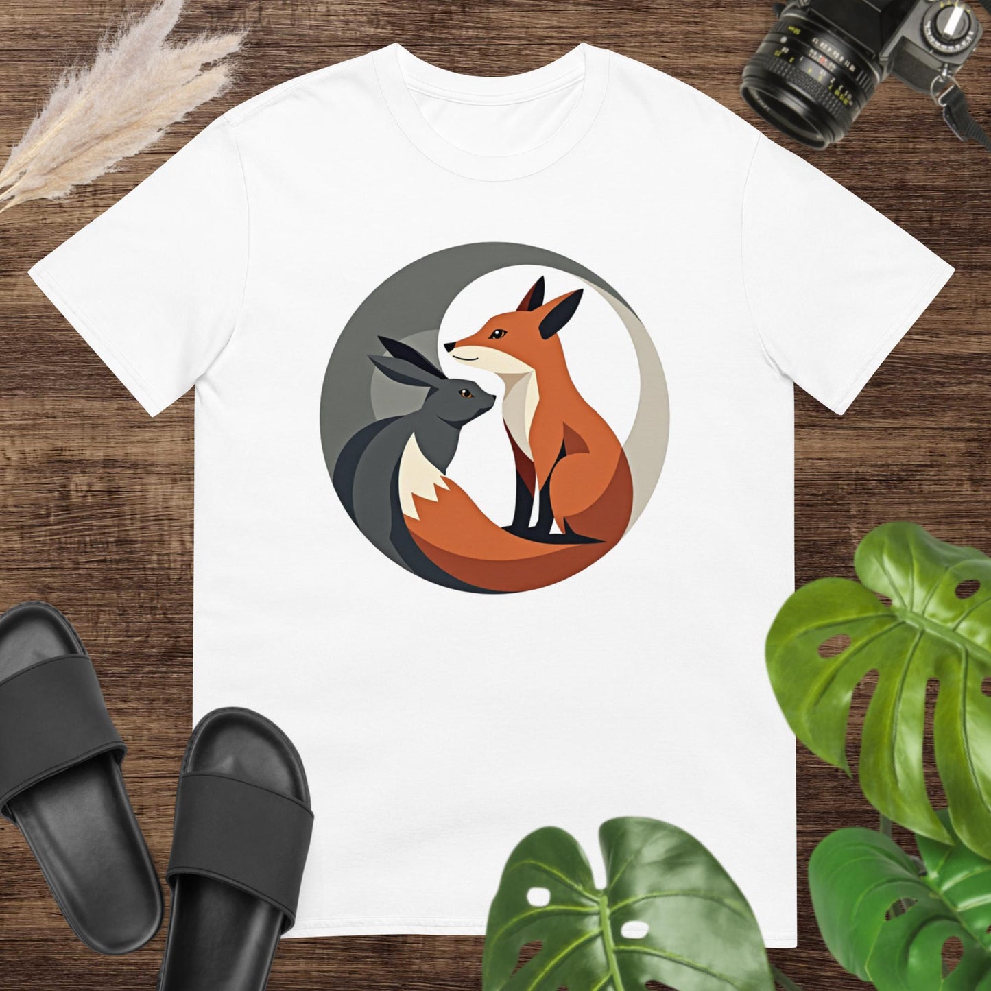 Elegant white t-shirt featuring a fox and hare with a clean and balanced circular style.