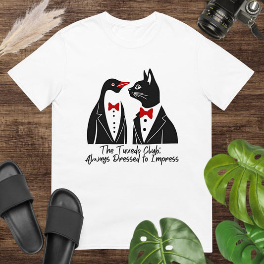 Funny white t-shirt featuring a penguin and a cat with tuxedo and text The tuxedo club