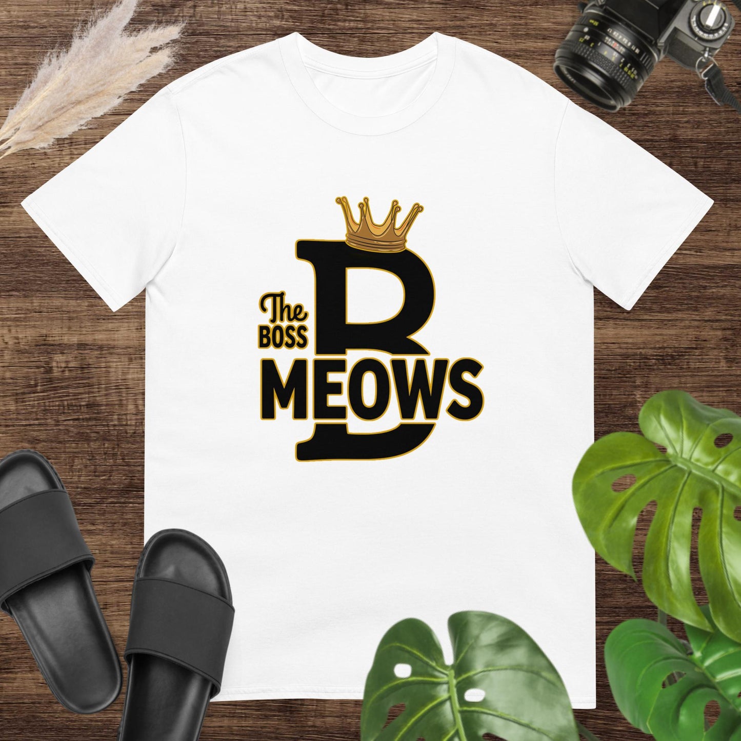 Funny tyography white t-shirt featuring a crown on one big B letter and text The boss Meows