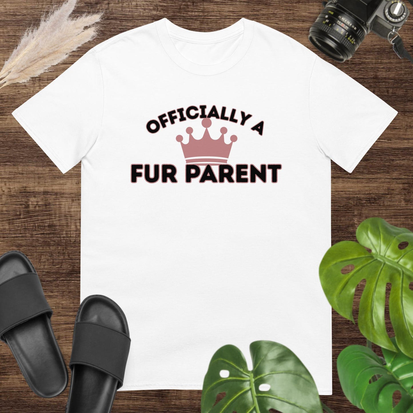 White t-shirt featuring a crown surrounded by the text Officially a Fur Parent