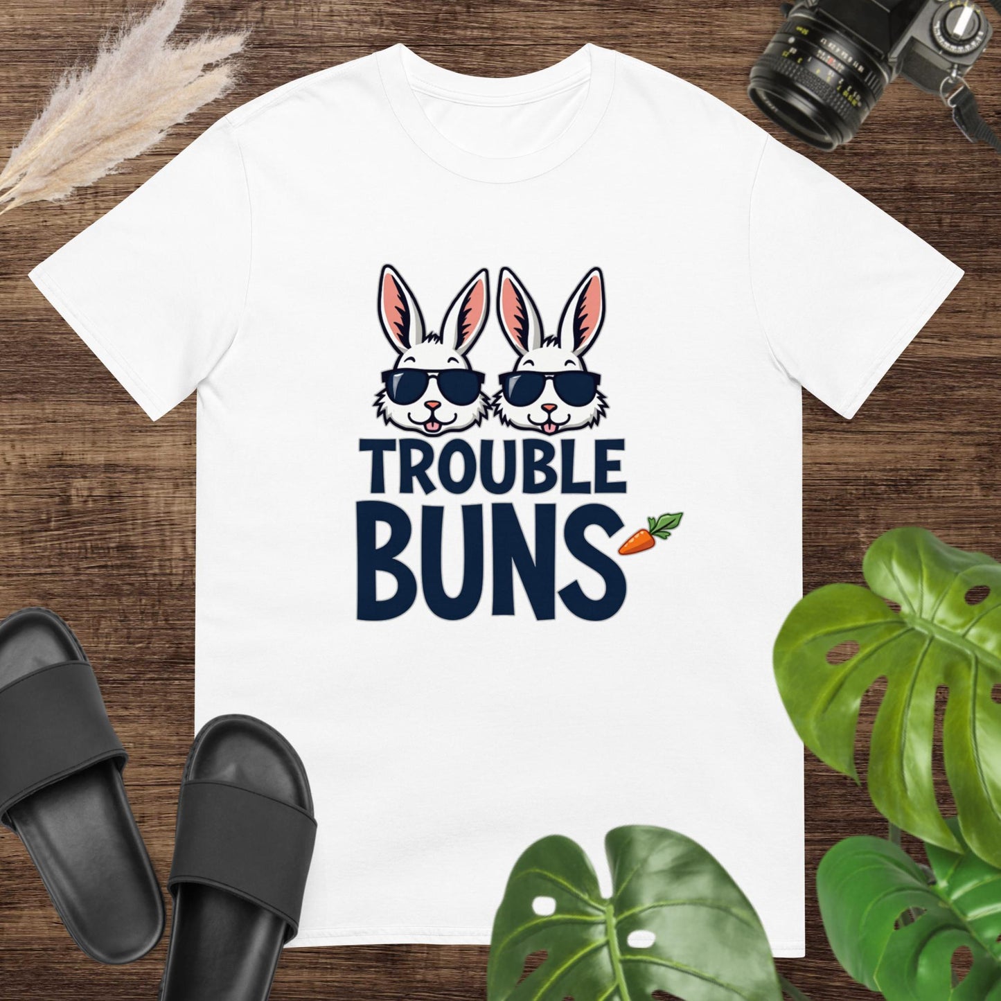 Funny white t-shirt featuring two bunny heads with glasses and the text trouble buns