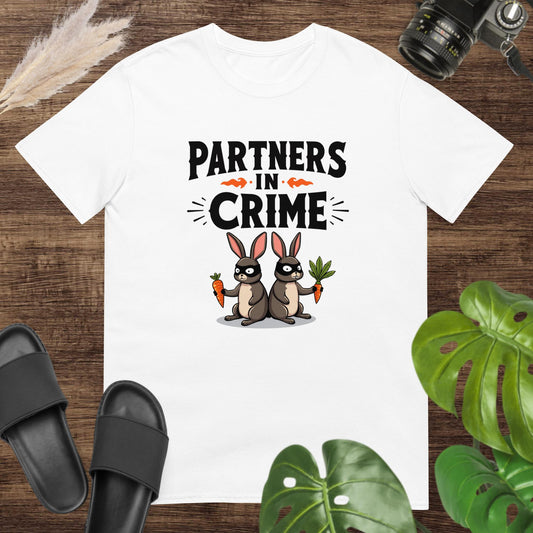 Funny partners in crime white t-shirt design with 2 masked rabbits holding carrots