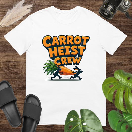 Funny carrot heist crew white t-shirt design with two running rabbits holding a giant carrot