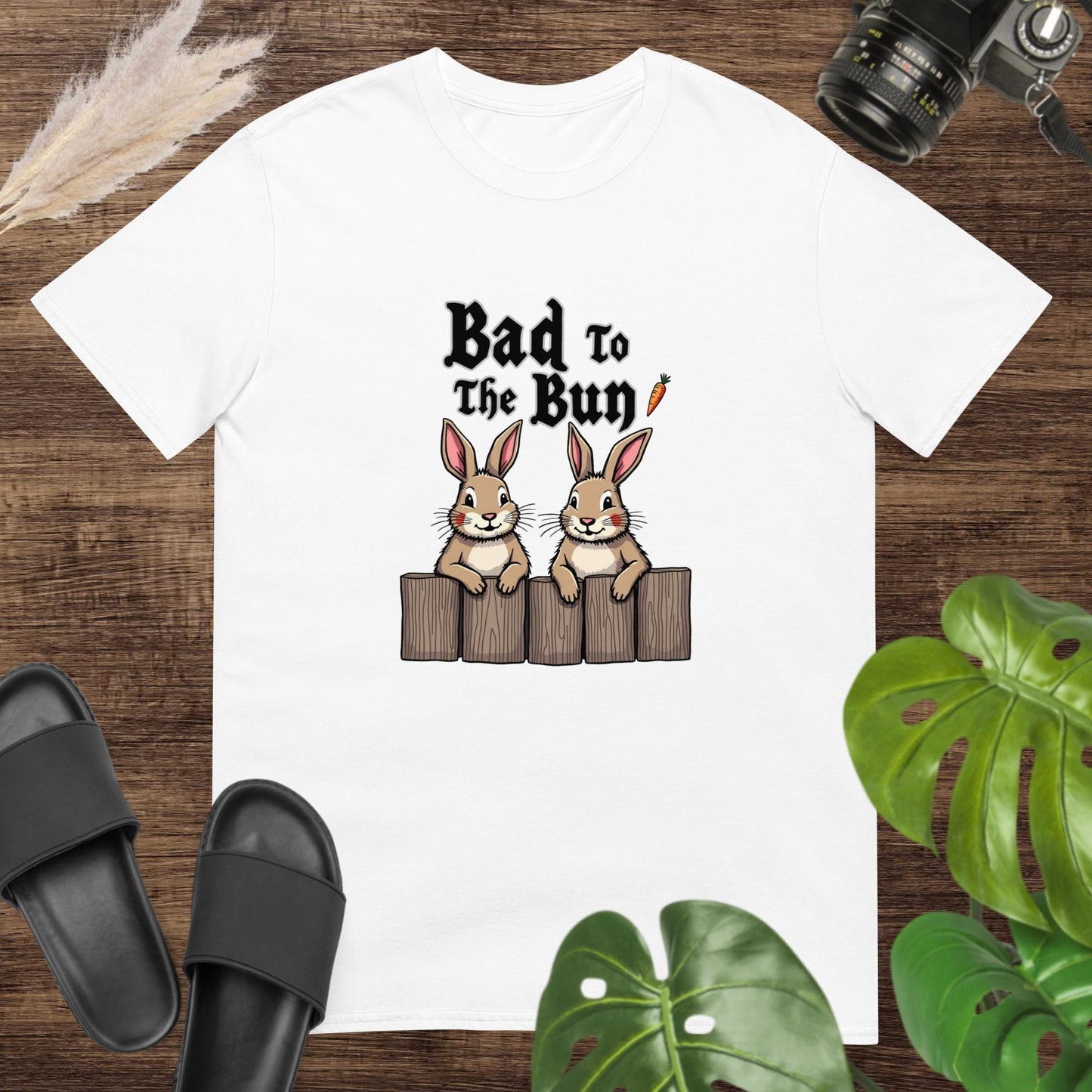 Funny bad to the bun white t-shirt design with 2 rabbits on top of a fence