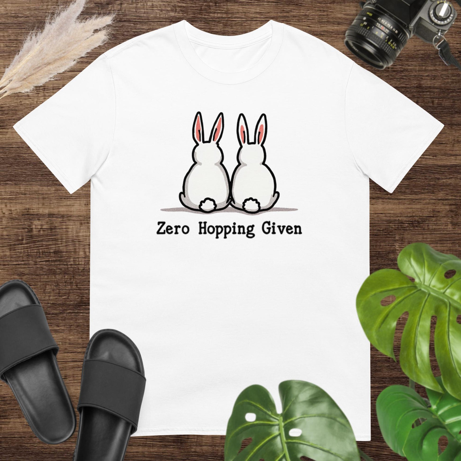 Cute and sassy zero hopping given white t-shirt design with a rabbit duo turning their back