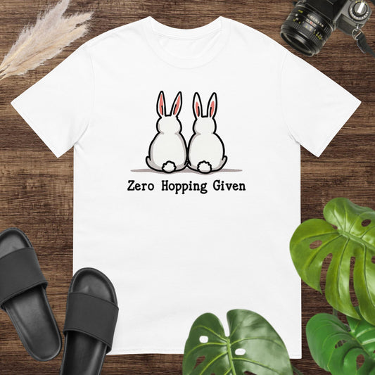 Cute and sassy zero hopping given white t-shirt design with a rabbit duo turning their back