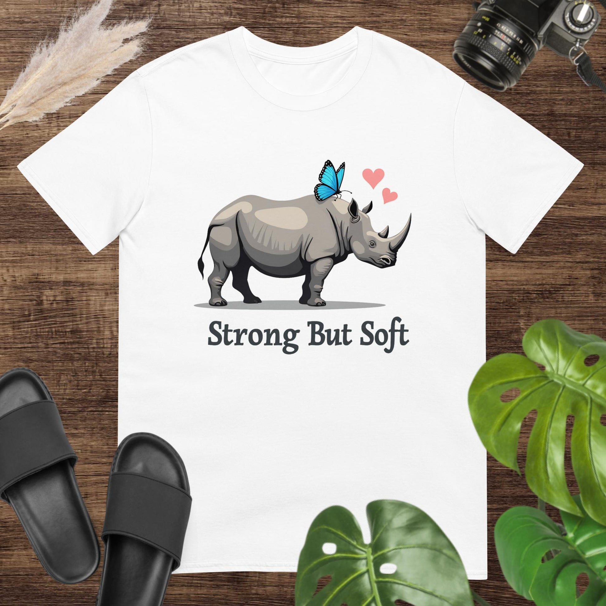 Cute strong but soft white t-shirt design with a butterfly on a hippo with hearts 