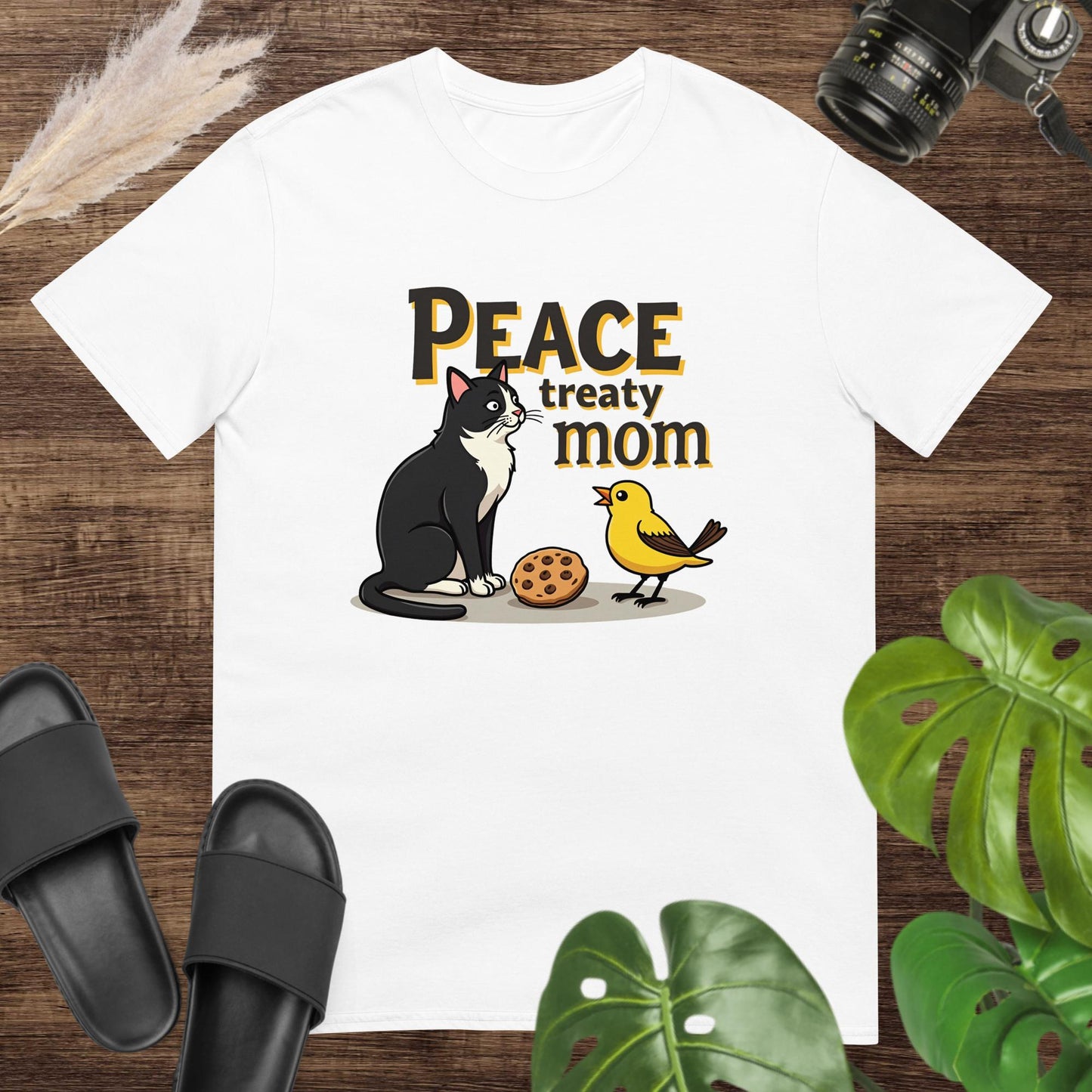 Funny peace treaty mom white t-shirt design with black cat, yellow bird and cookie