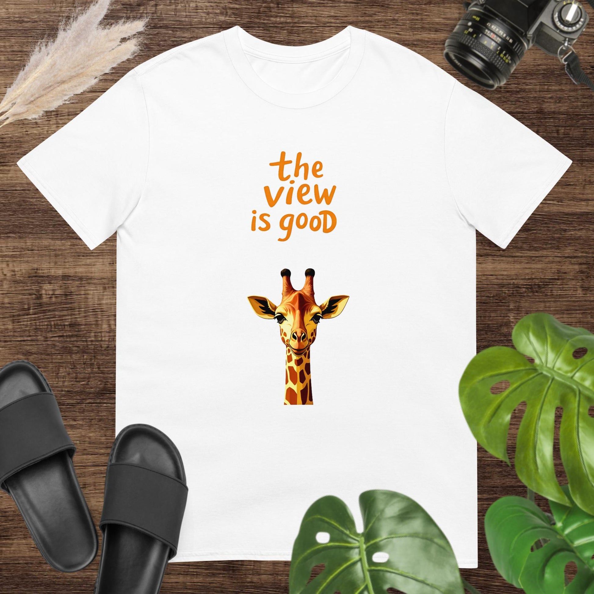 Funny giraffe head design white t-shirt with the text "The View Is Good"