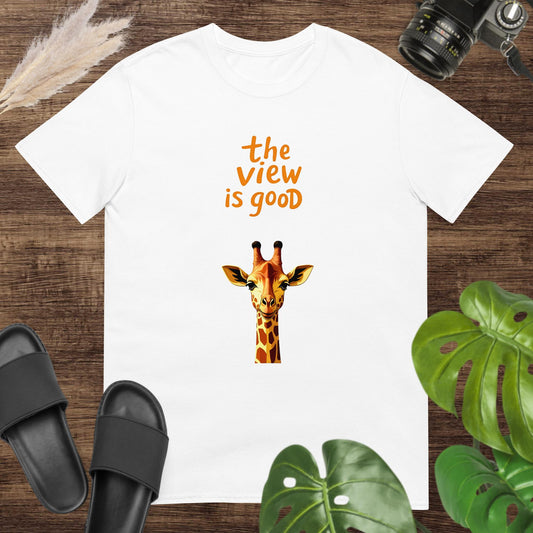 Funny giraffe head design white t-shirt with the text "The View Is Good"