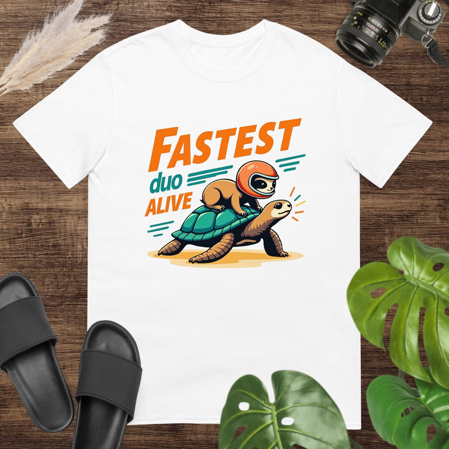 Funny fastest duo alive white t-shirt design with a sloth on a turtle