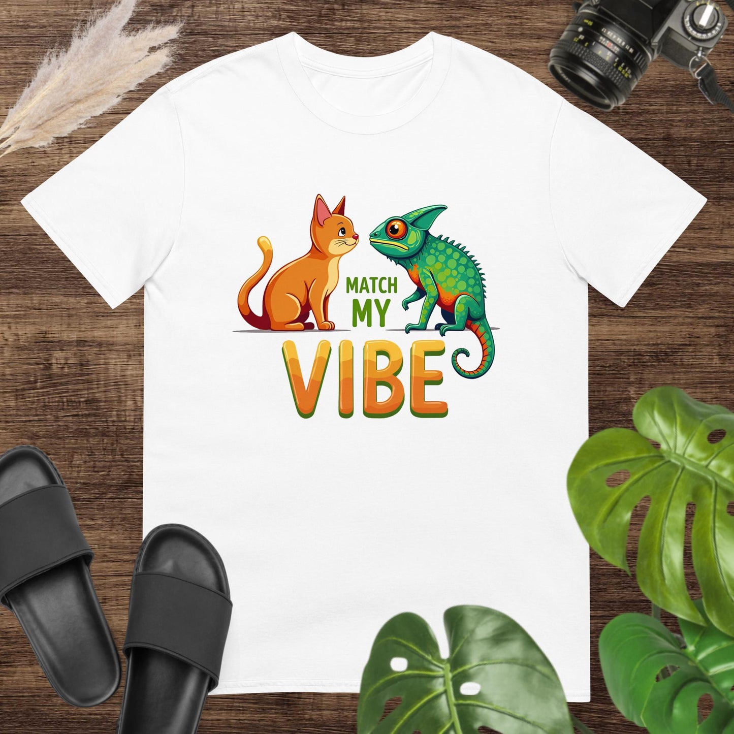 Unisex white t-shirt featuring a cat and chameleon with the text Match My Vibe.