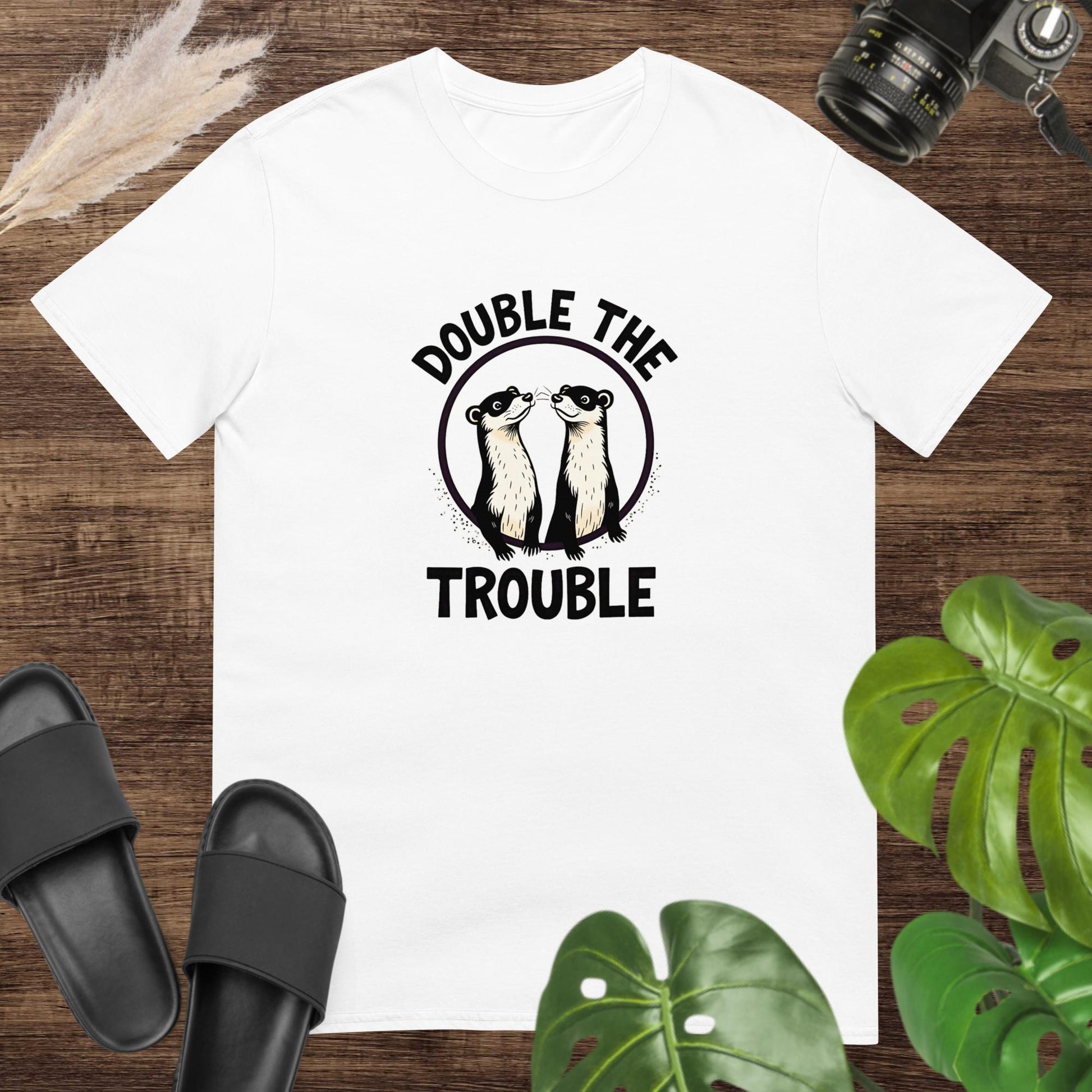 Unisex white t-shirt featuring two ferret inside a circle with the text Double the Trouble.