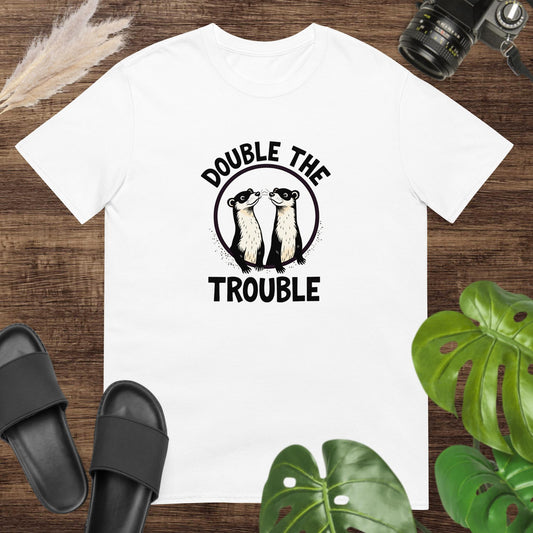 Unisex white t-shirt featuring two ferret inside a circle with the text Double the Trouble.