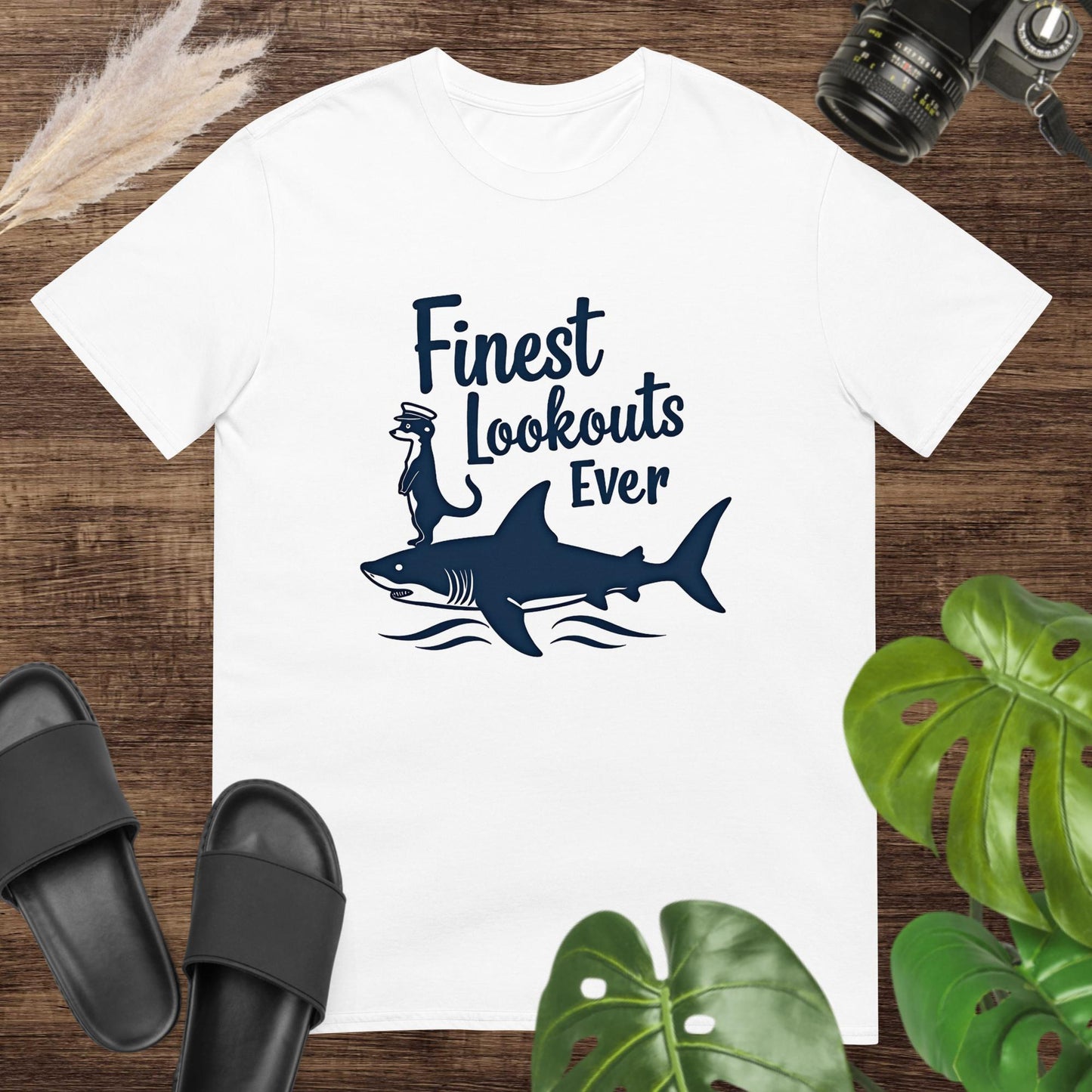 Unisex white t-shirt featuring a shark with a meerkat and the text Finest Lookouts Ever.
