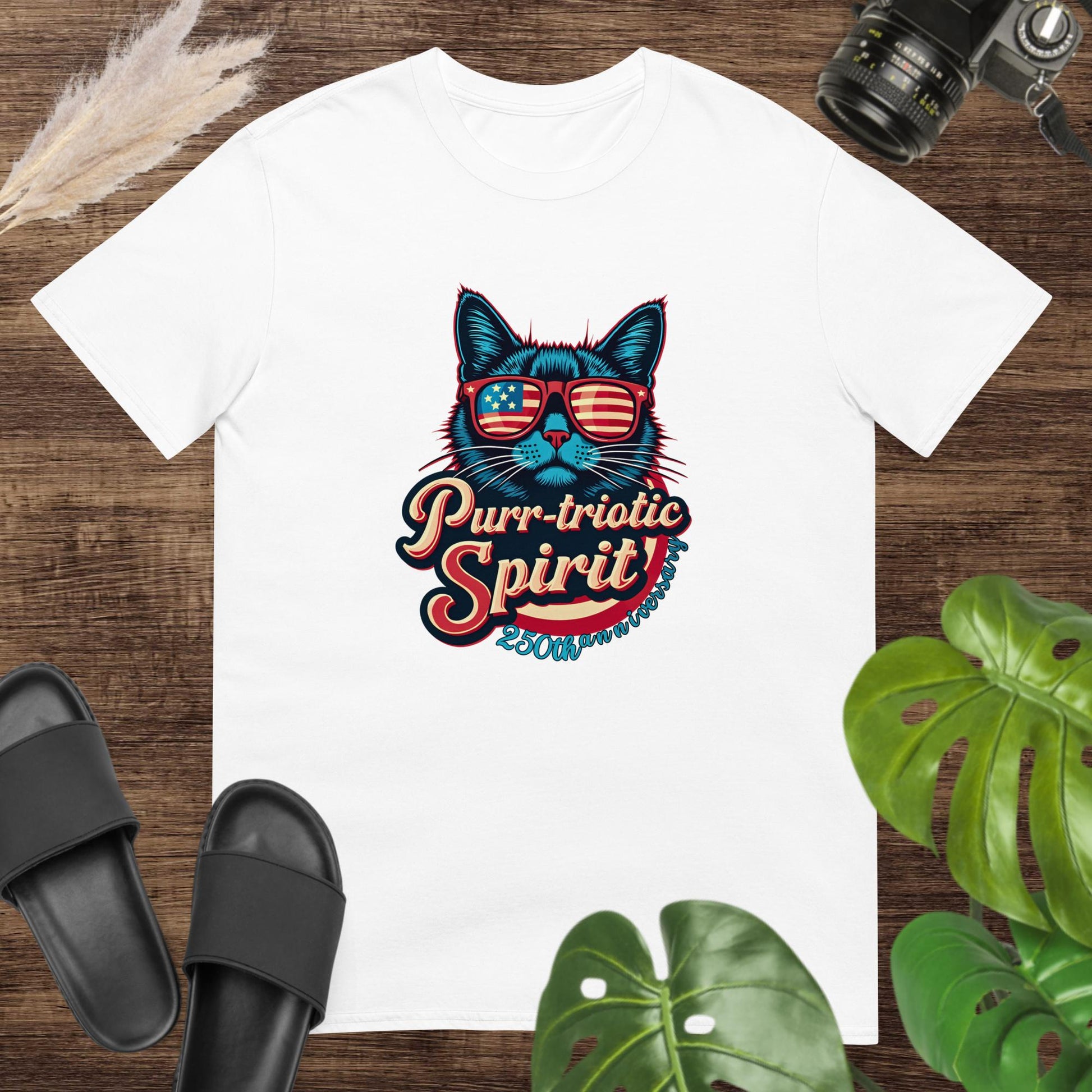 Retro cat white T-shirt with American flag sunglasses for USA 250 celebration