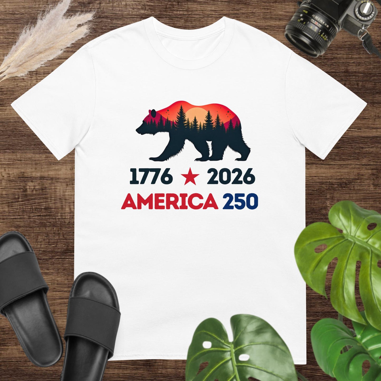 Bear silhouette white T-shirt with forest sunset design for USA 250 celebration