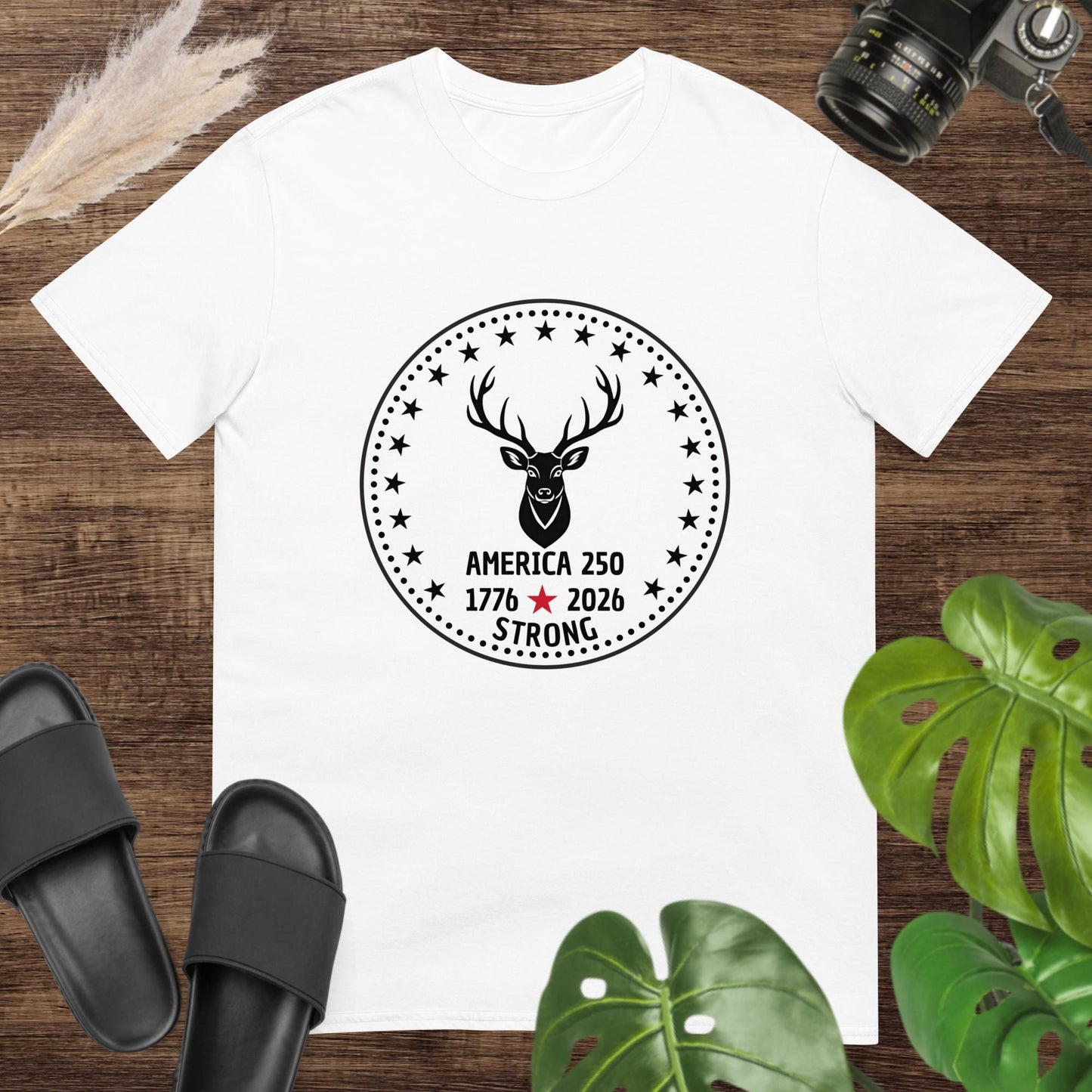 Patriotic deer white T-shirt with star border for America 250 celebration