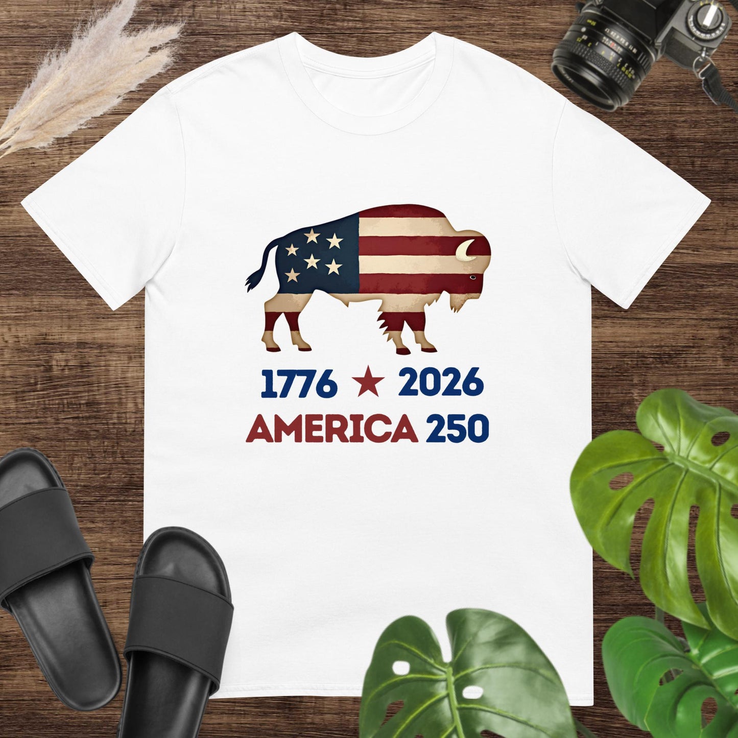 Patriotic bison on white T-shirt with American flag colors for America 250 celebration