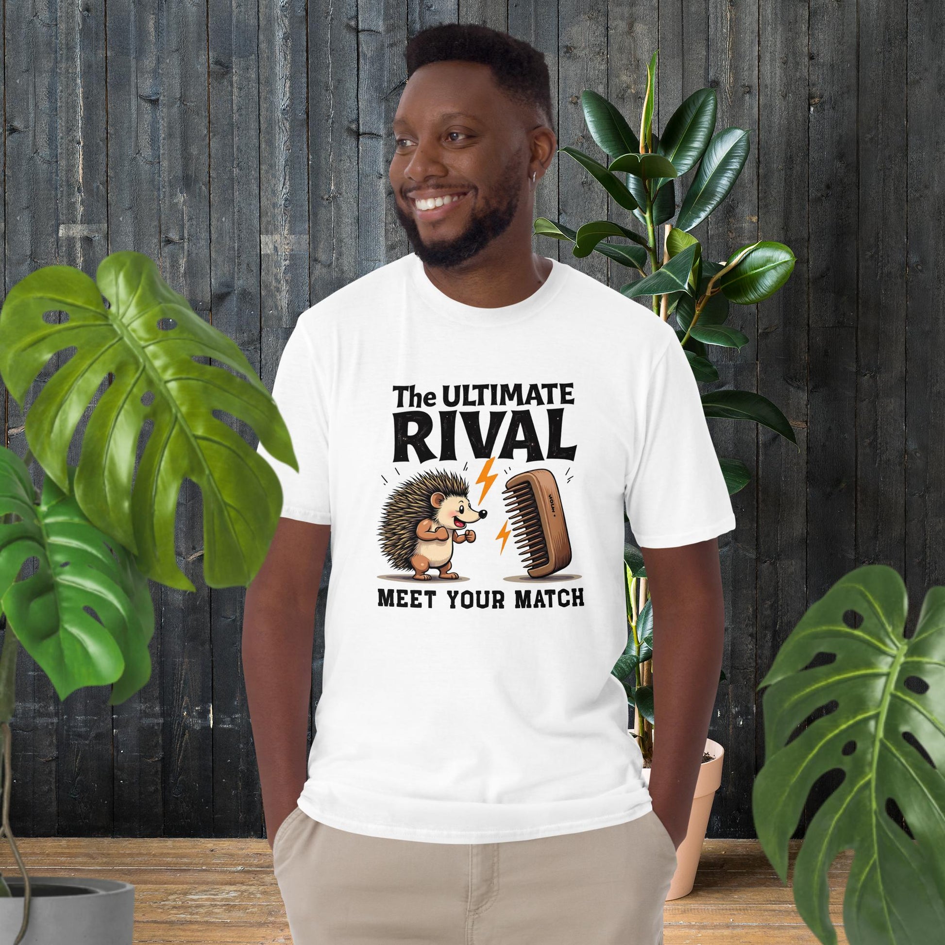 Funny unisex t-shirt with hedgehog vs comb graphic, 'The Ultimate Rival' text, perfect for pet lovers