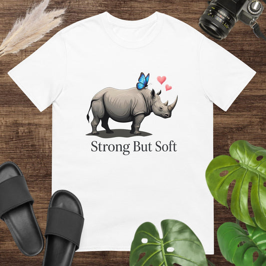 Cute strong but soft white t-shirt design with a butterfly on a hippo with hearts 